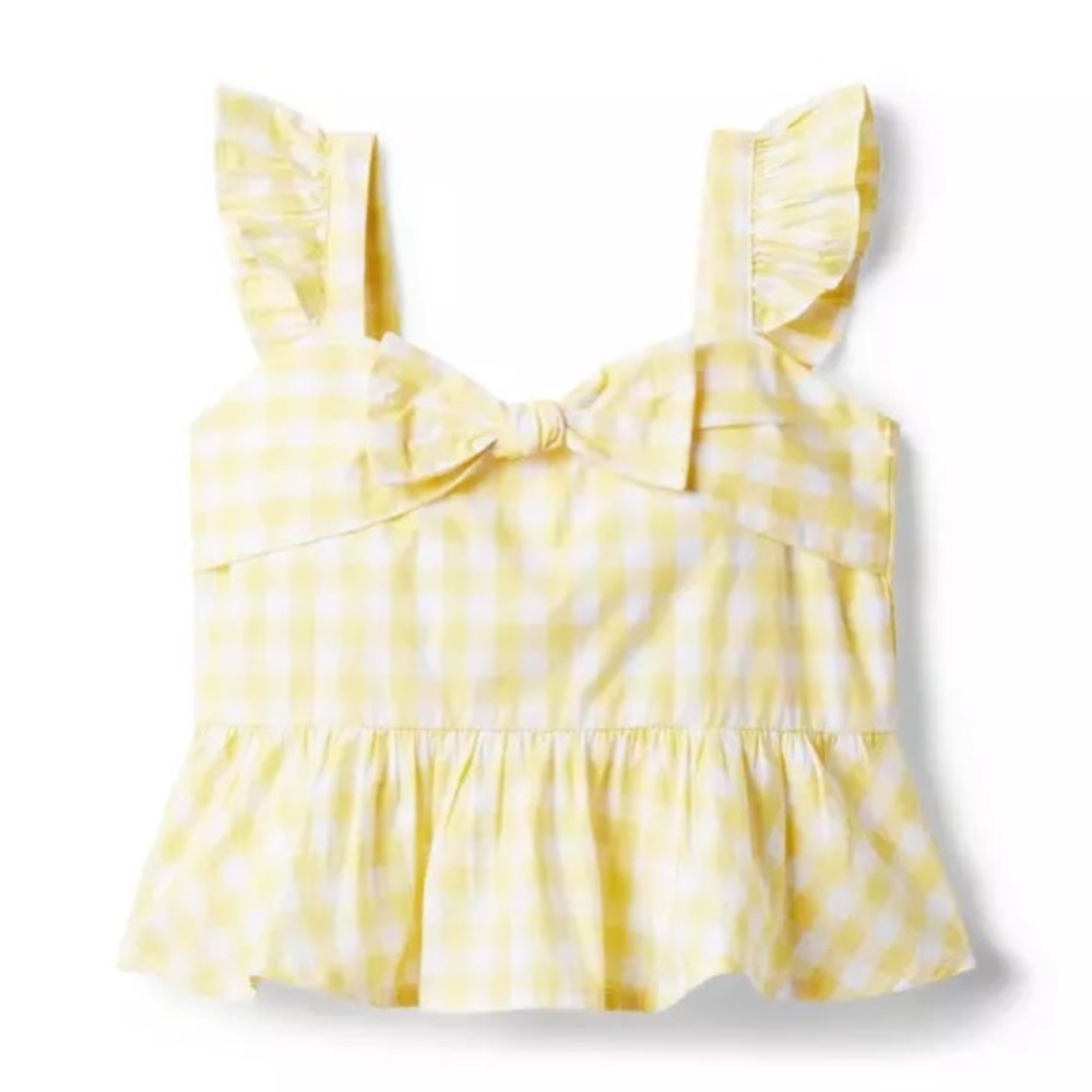 Pristine Janie and Jack Girls Butter Yellow Double Cream Gingham Bow Top Size 5